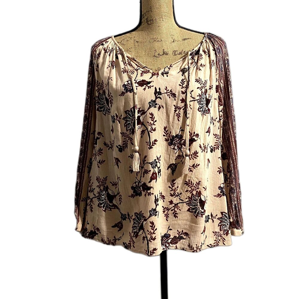 Lucky Brand Womens Large Floral Peasant Blouse Cream Burgundy Tassel Boho Large